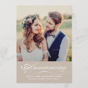 Eleganter Beige Script Wedding Foto Empfang Einladung