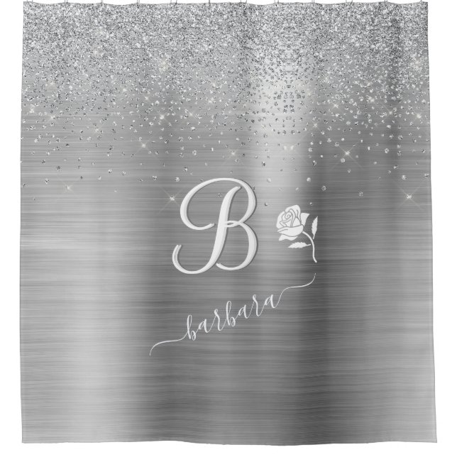 Eleganter benutzerdefinierter Monogram-Silver-Spar Duschvorhang (Vorderseite)