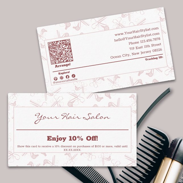 Eleganter Beruflich rosa und weißer Friseur Rabattkarte (Elegant Professional Pink & White Hairdresser Discount Card)