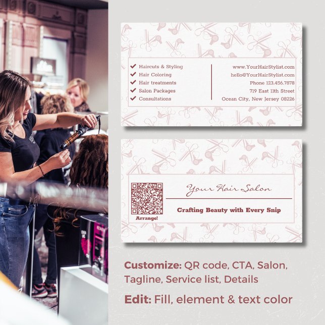Eleganter Beruflich rosa und weißer Friseur Visitenkarte (Elegant Professional Pink & White Hairdresser Business Card)