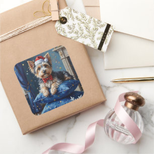 Eleganter Biewer Terrier Hund Samt Weihnachten Quadratischer Aufkleber