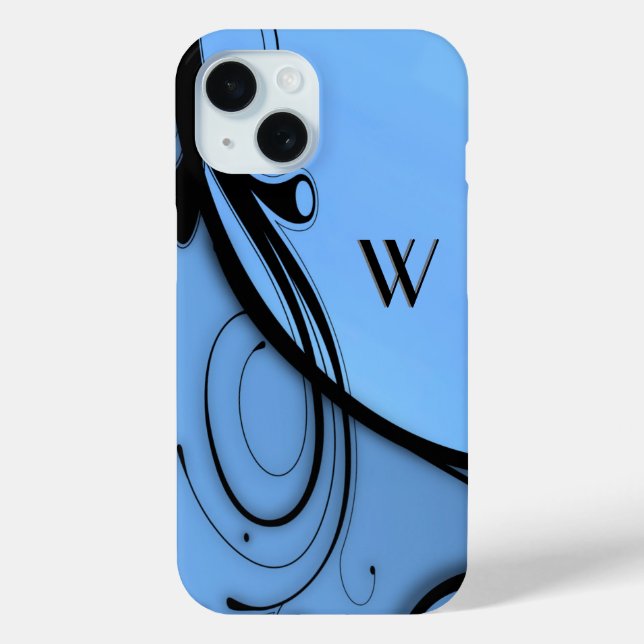 Eleganter Bildlauf auf Blue Monogram oder Initial iPhone 15 Hülle (Rückseite)