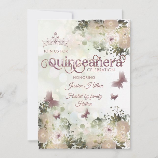 Eleganter Bkeh Butterfly Blumengarten Quinceañera Einladung (Vorderseite)