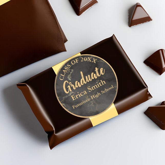 Eleganter Black and Gold Abschluss Gefallen Runder Aufkleber (Black and Gold Graduation Favor Sticker on Chocolate Box)