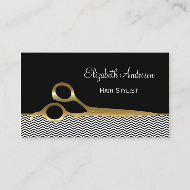 Eleganter Black and Gold Chevrons Friseur Salon Visitenkarte (Vorderseite)