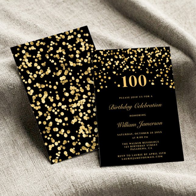 Eleganter Black and Gold Confetti 100h Geburtstag Einladung (Von Creator hochgeladen)