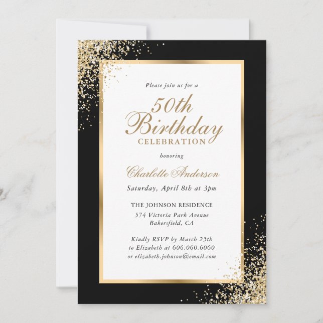 Eleganter Black and Gold Confetti 50. Geburtstag Einladung (Vorderseite)
