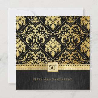 Eleganter Black and Gold Damask 50. Geburtstag Einladung