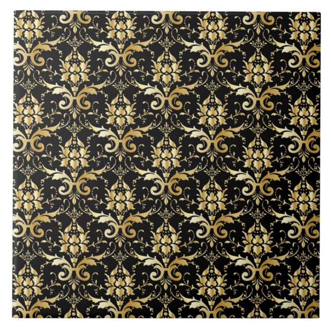 Eleganter Black and Gold Damask Fliese (Vorderseite)
