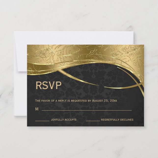 Eleganter Black and Gold Damask RSVP Karte (Vorderseite)