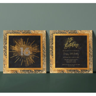 Eleganter Black and Gold Glitzer 16. Geburtstagspa Einladung