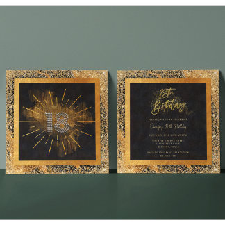 Eleganter Black and Gold Glitzer 18. Geburtstagspa Einladung