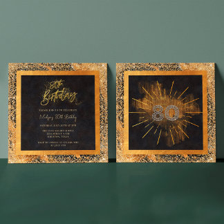 Eleganter Black and Gold Glitzer 80. Geburtstagspa Einladung
