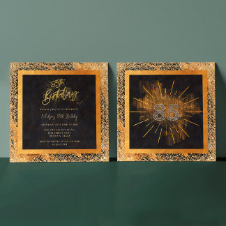 Eleganter Black and Gold Glitzer 85. Geburtstagspa Einladung