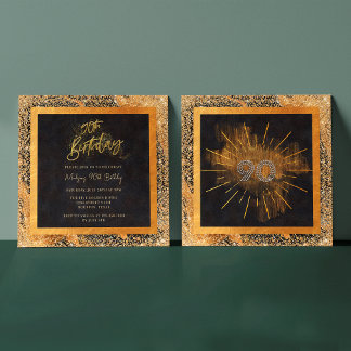 Eleganter Black and Gold Glitzer 90. Geburtstagspa Einladung