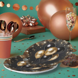 Eleganter Black and Gold Glitzer Balloon Geburtsta Pappteller