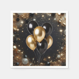 Eleganter Black and Gold Glitzer Balloon Geburtsta Serviette