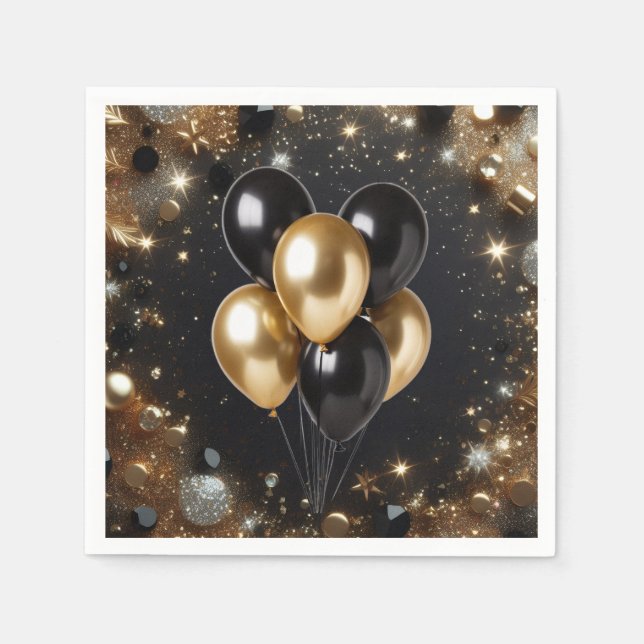 Eleganter Black and Gold Glitzer Balloon Geburtsta Serviette (Vorderseite)