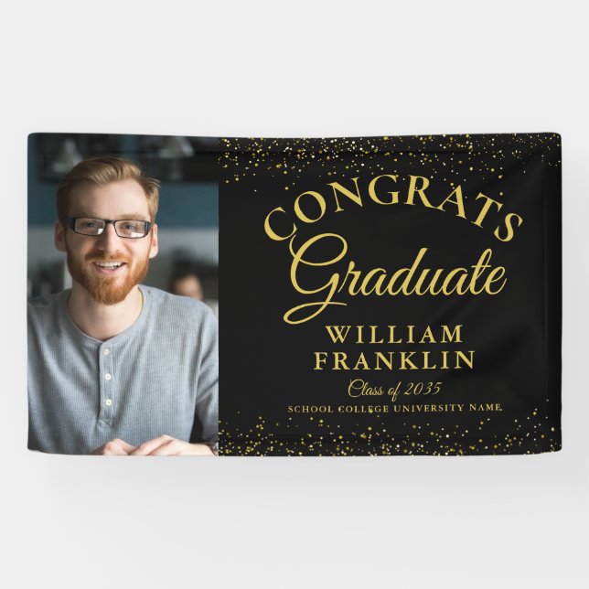 Eleganter Black and Gold Glitzer Foto Abschluss Banner (Horizontal)