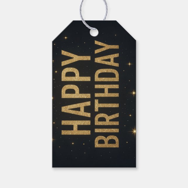 Eleganter Black and Gold Glitzer Happy Birthday Geschenkanhänger (Vorderseite)