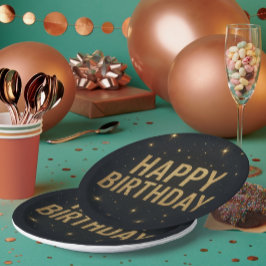 Eleganter Black and Gold Glitzer Happy Birthday Pappteller