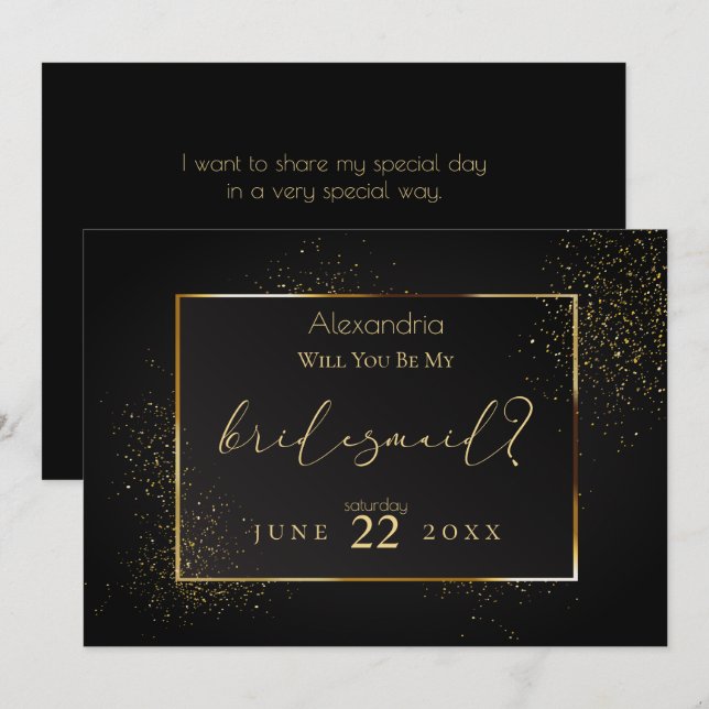 Eleganter Black and Gold Glitzer ist meine Bridesm Einladung (Vorne/Hinten)