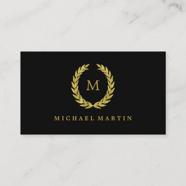 Eleganter Black and Gold Laurel Wreath mit Monogra Visitenkarte (Vorderseite)