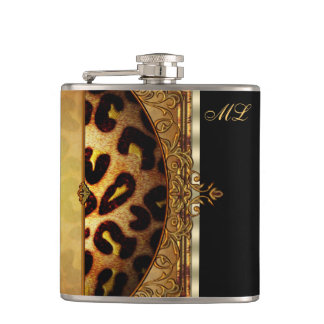 Eleganter Black and Gold Monogram Leopard Flachmann