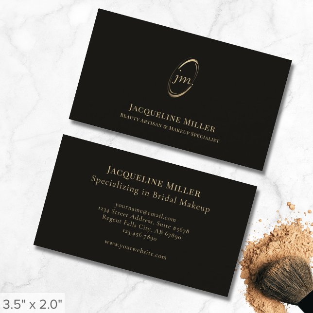 Eleganter Black and Gold Monogram Makeup Artist Visitenkarte (Von Creator hochgeladen)