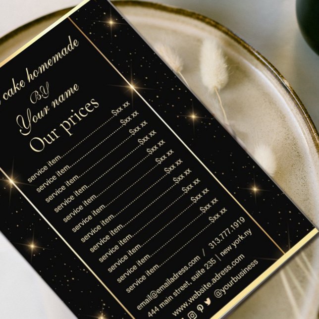 Eleganter Black and Gold Price List Flyer (#flyer #pricelist #productmenu #blackandgold #chick #gold whisk #FauxGold #sparkles #goldframe)