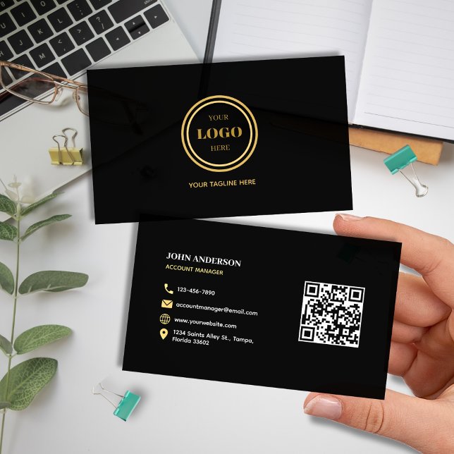 Eleganter Black and Gold QR Code Moderner Beruflic Visitenkarte (Elegant Modern Black and Gold Scannable QR Code Professional Business Card Back-to-back Print & Logo)