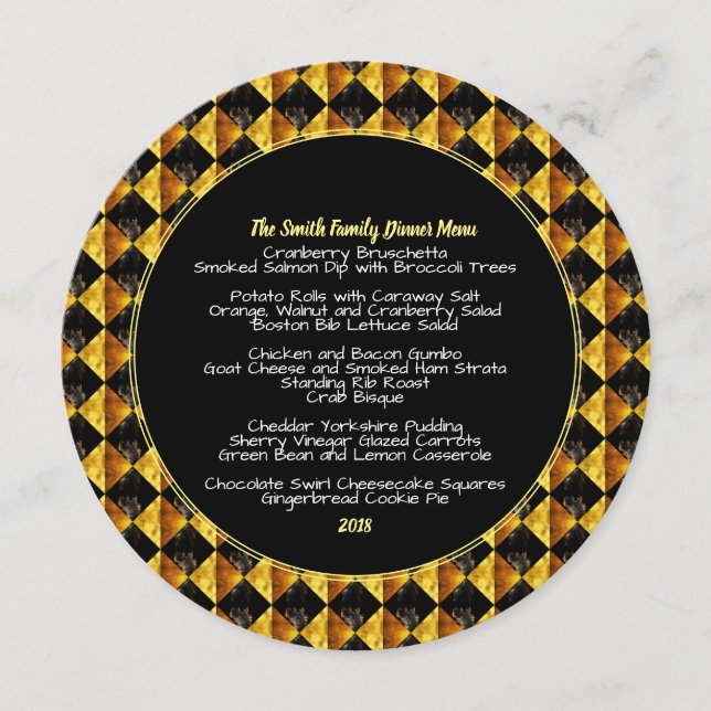 Eleganter Black and Gold Rhombus Menükarte (Vorderseite)