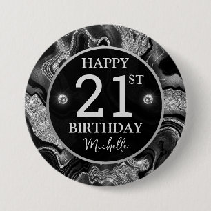 Eleganter Black and Silver Glitzer Agate Birthday Button