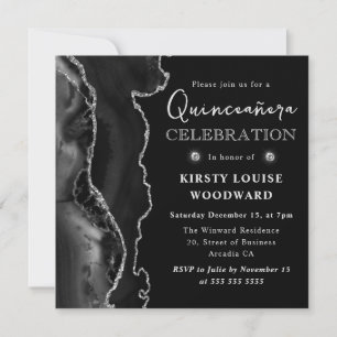 Eleganter Black and Silver Glitzer Agate Quinceane Einladung