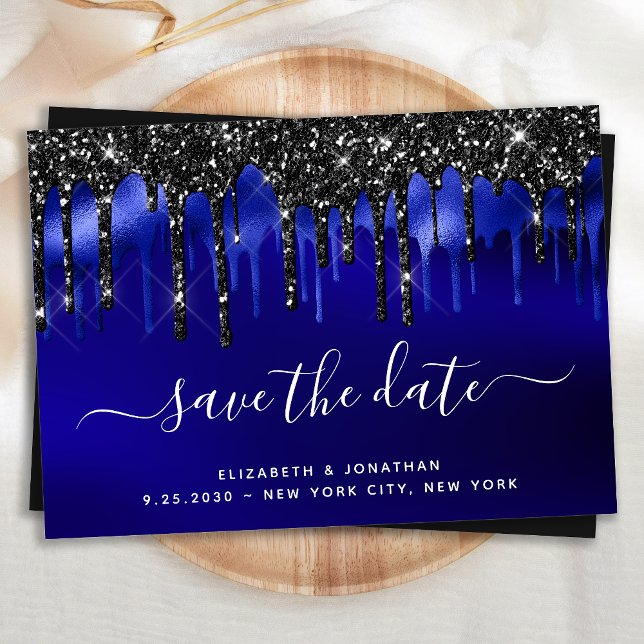 Eleganter Black Blue Glitzer Tropfen Save the Date Einladung (Von Creator hochgeladen)