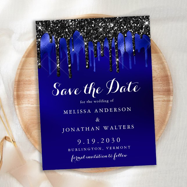 Eleganter Black Blue Glitzer Tropfen Save the Date Postkarte (Von Creator hochgeladen)