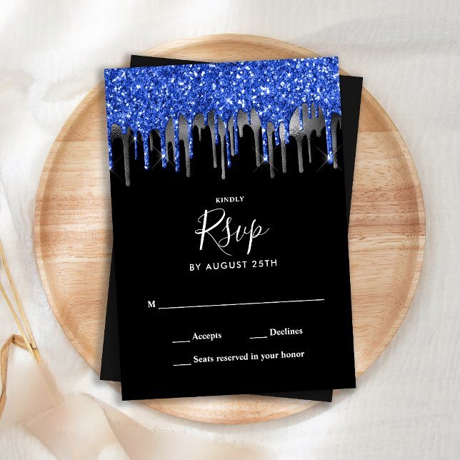 Eleganter Black Blue Silver Glitzer Tropfen Hochze RSVP Karte (Von Creator hochgeladen)