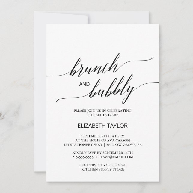 Eleganter Black Calligraphy Brunch und Bubbly Einladung (Vorderseite)