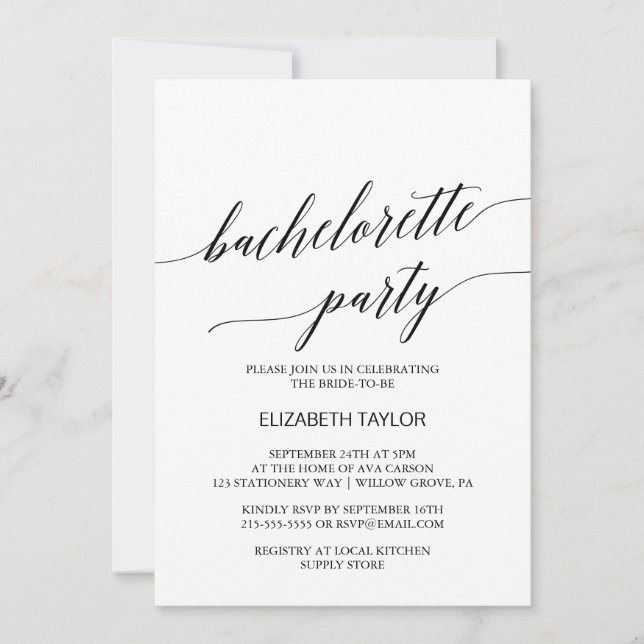 Eleganter Black Calligraphy Junggeselinnen-Abschie Einladung (Vorderseite)