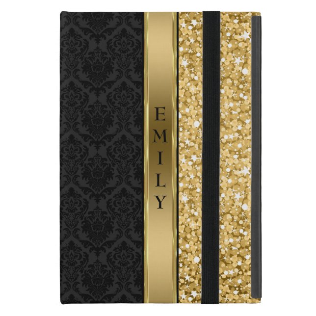Eleganter Black Damask Gold Glitzer iPad Mini Schutzhülle (Vorderseite Geschlossen)
