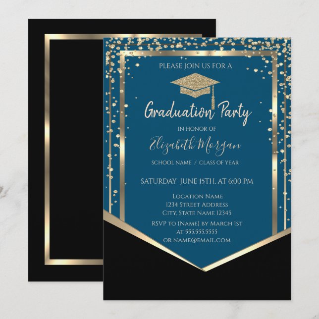 Eleganter Black,Diamonds Gold Grad Cap Abschluss Einladung (Vorne/Hinten)