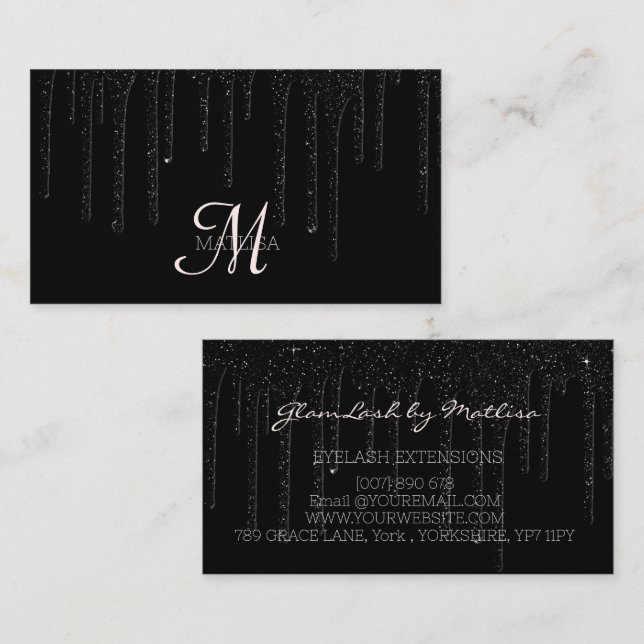 Eleganter Black Dripping Monogram Glitzer Salon Tr Visitenkarte (Vorne/Hinten)