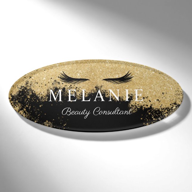 Eleganter Black Eyelash Gold Glitzer Kosmetologe Namenschild (Vorderseite)
