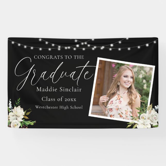 Eleganter Black Foto Floral Abschluss Banner (Horizontal)