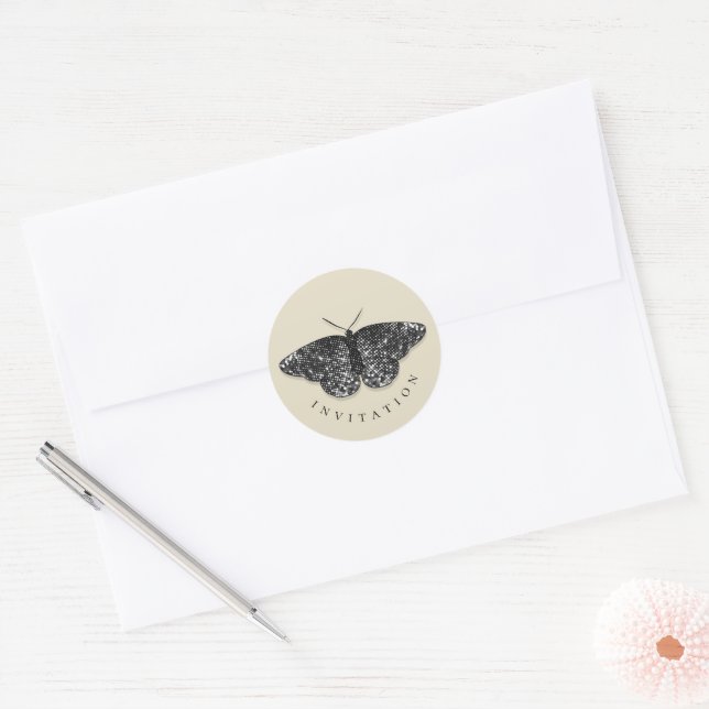 Eleganter Black Glitzer Butterfly Umschlag Aufkleb Runder Aufkleber (Umschlag)