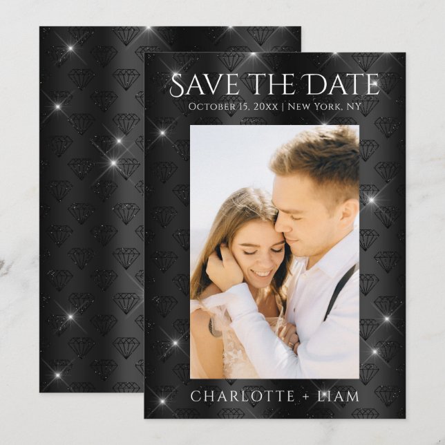 Eleganter Black Glitzer Diamond Foto Save the Date (Vorne/Hinten)