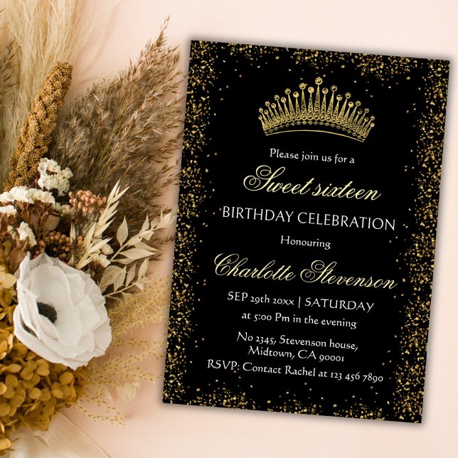 Eleganter Black Glitzer Gold Crown Sweet 16 Geburt Einladung (Von Creator hochgeladen)