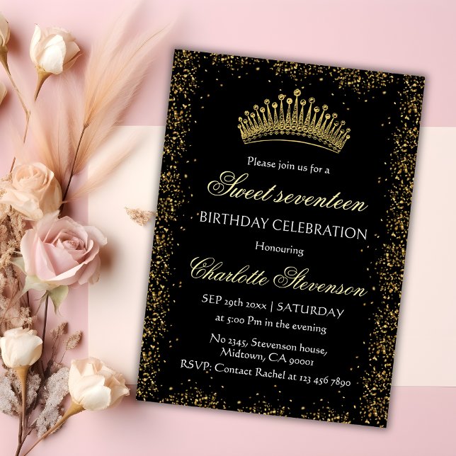 Eleganter Black Glitzer Gold Crown Sweet 17 Geburt Einladung (Von Creator hochgeladen)