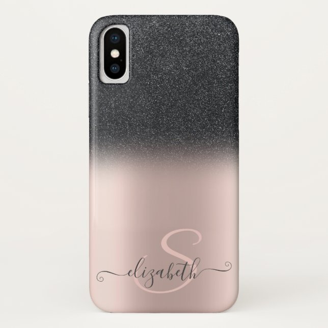 Eleganter Black Glitzer Ombre Rose Gold Monogram Case-Mate iPhone Hülle (Rückseite)