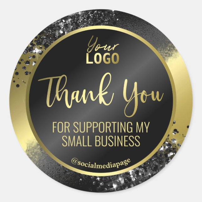 Eleganter Black Glitzer On Gold Foil Danke Logo Runder Aufkleber (Vorderseite)